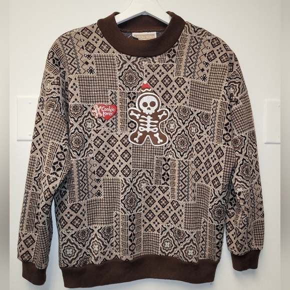 Vintage Unisex Christmas Skeleton Cookie Lover Brown, Tan, White Sweater Size L - Picture 8 of 11